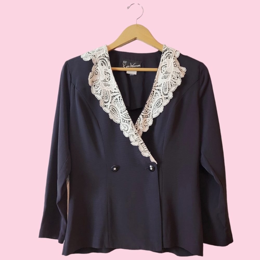 Vintage Black Y2K 90s Whimsy Goth Lace Collar Southern Gothic Blouse Blazer